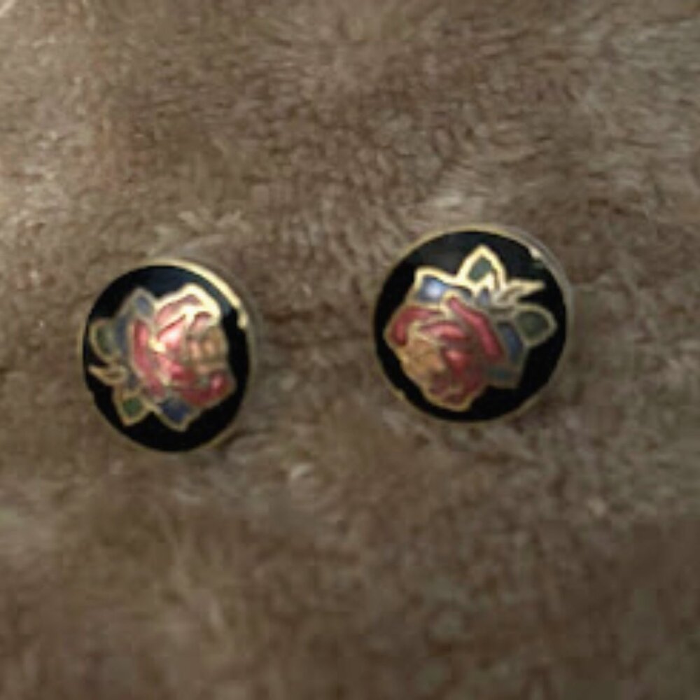 Cloisonne enamel l Post Stud Earrings Red Rose Black Gold